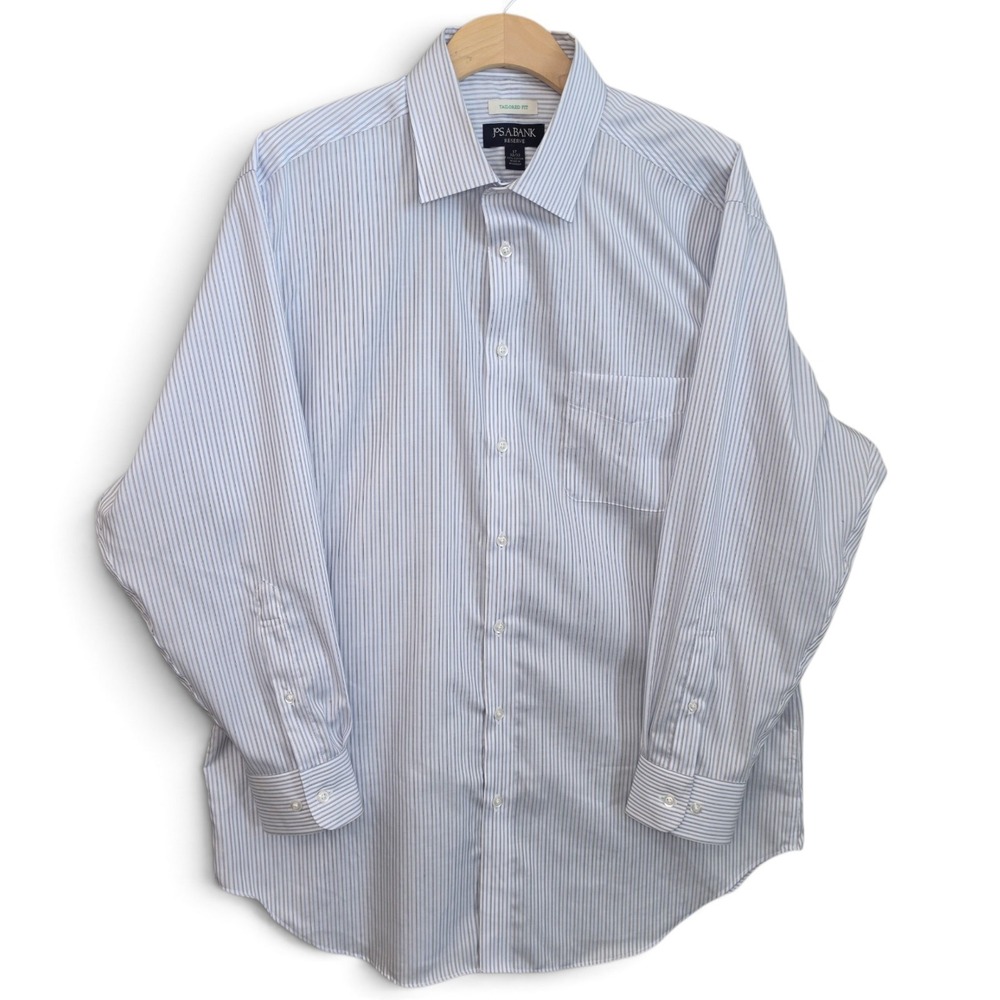 Jos A Bank Dress Shirt Mens 17 32/33 Blue Reserve Striped Tailored Fit Cotton LS